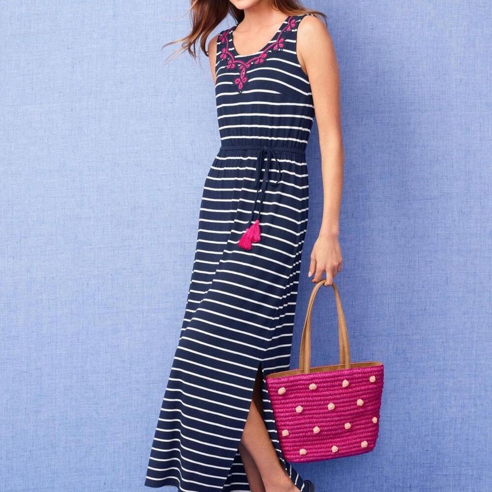 Talbots Pink, Navy Blue and White Striped Sleeveless Jersey Knit Maxi Dress sz M